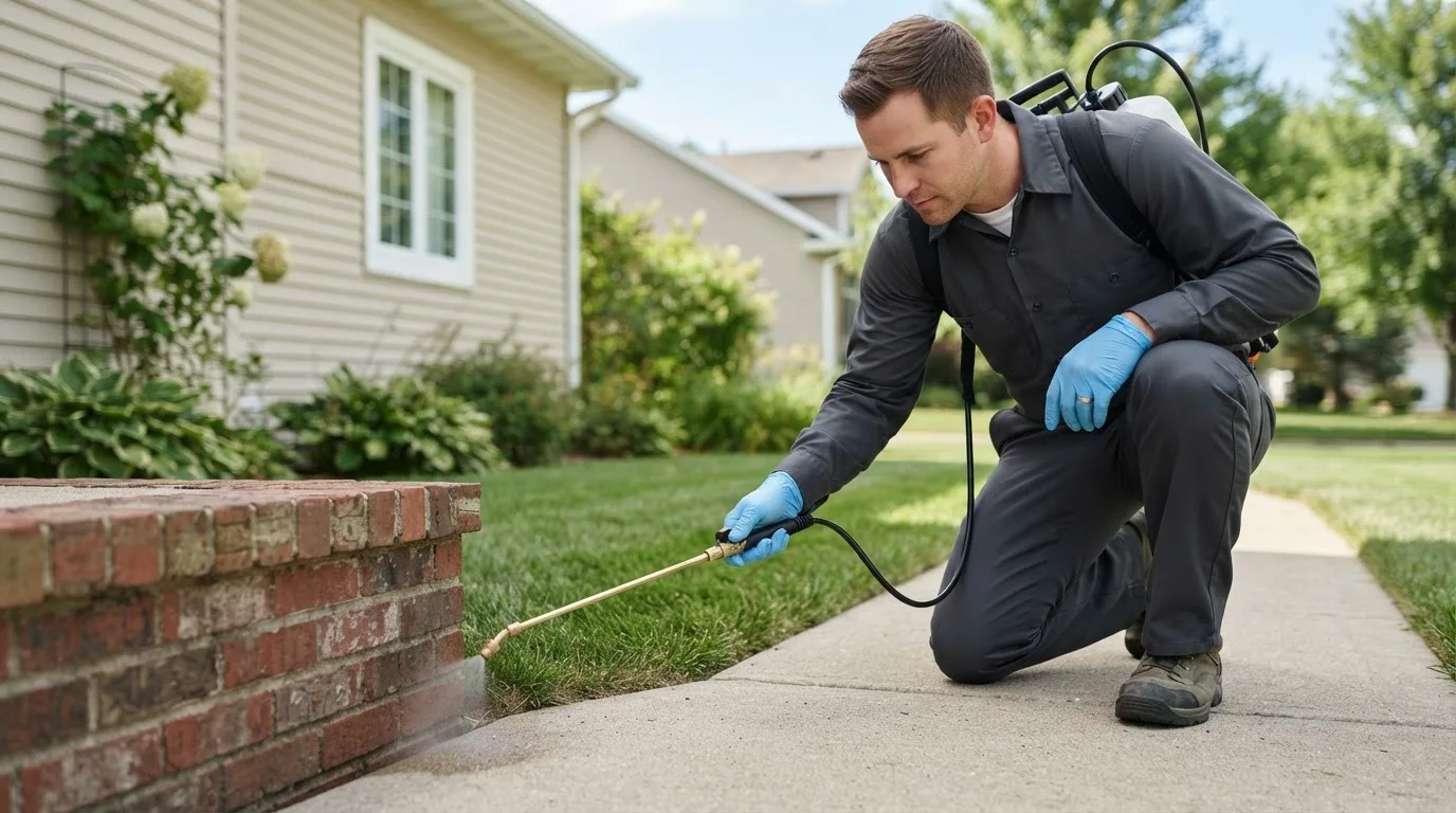 Pest control technician treating a home near Canterbury, NH